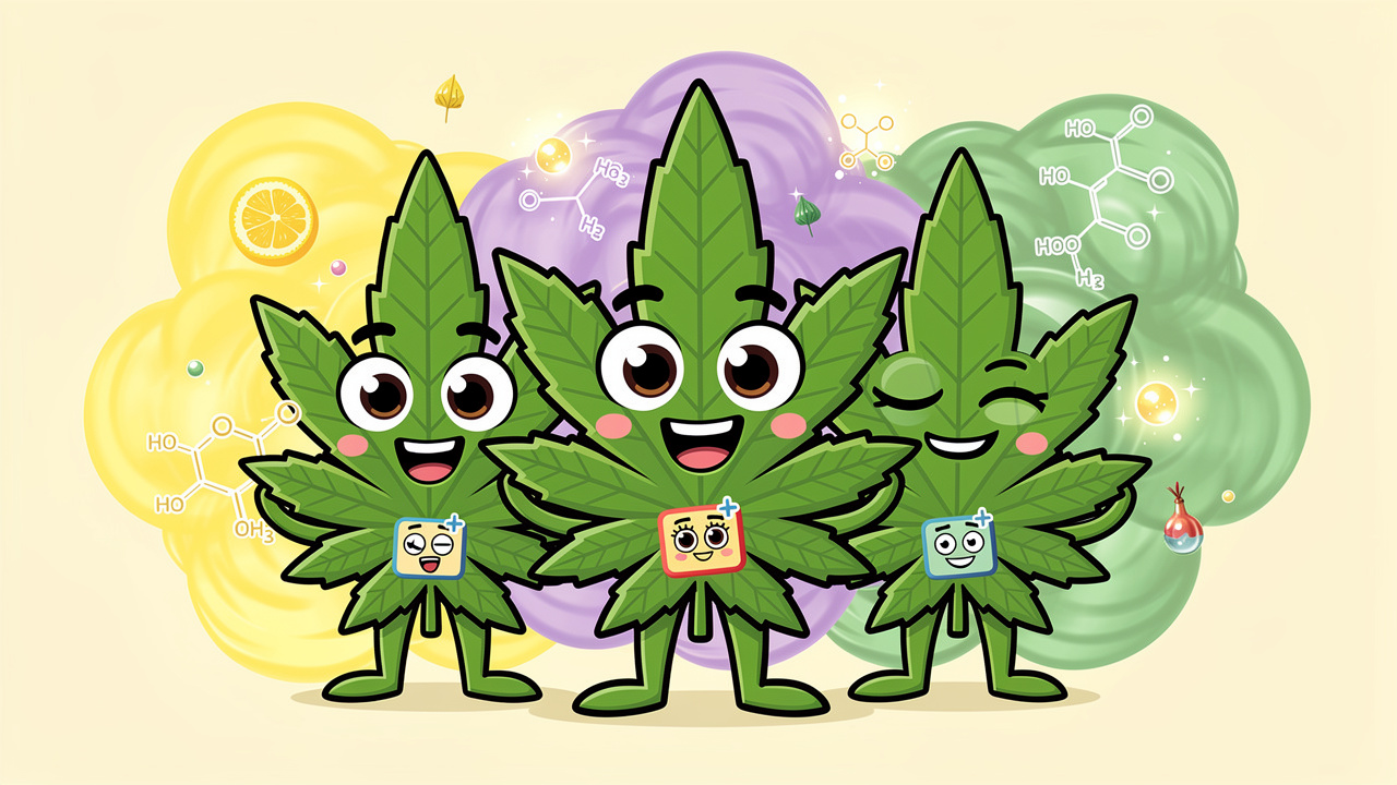 Cartoon cannabis plant characters showing indica sativa and hybrid moods