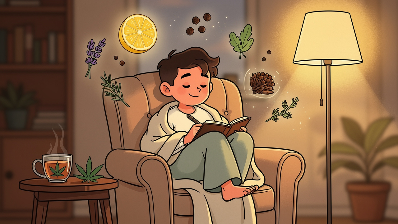Cartoon person noting terpene effects for a personalised stress relief routine