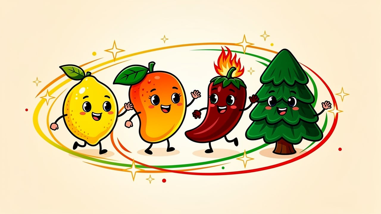 Cartoon terpene characters representing limonene myrcene caryophyllene and pinene