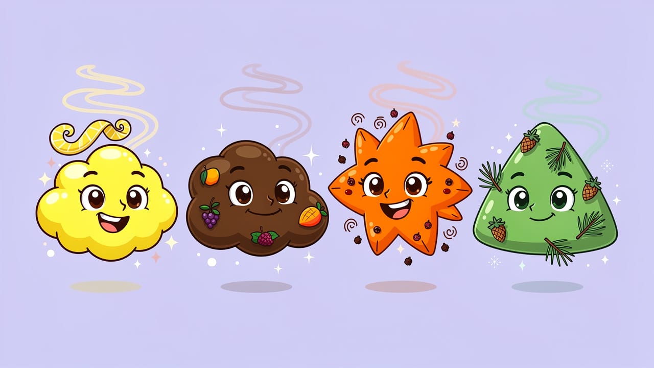 Cartoon terpene characters showing cannabis aromatic compounds