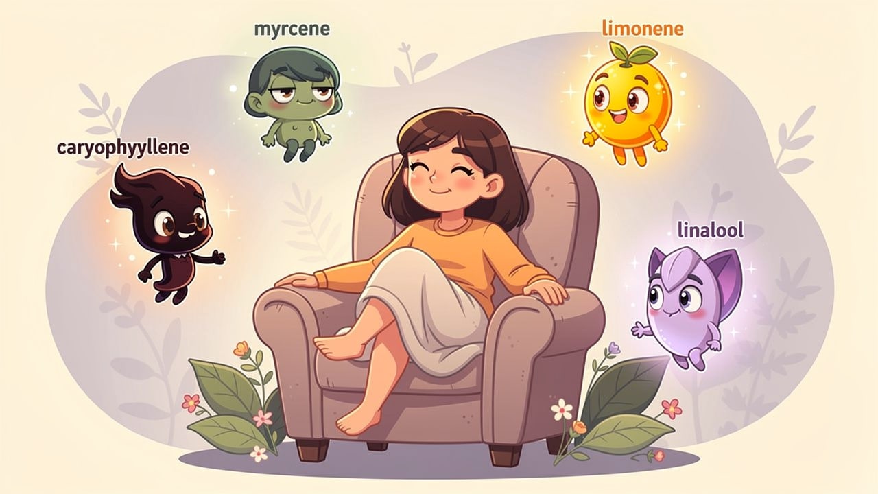 Cartoon terpene characters helping with endometriosis symptoms