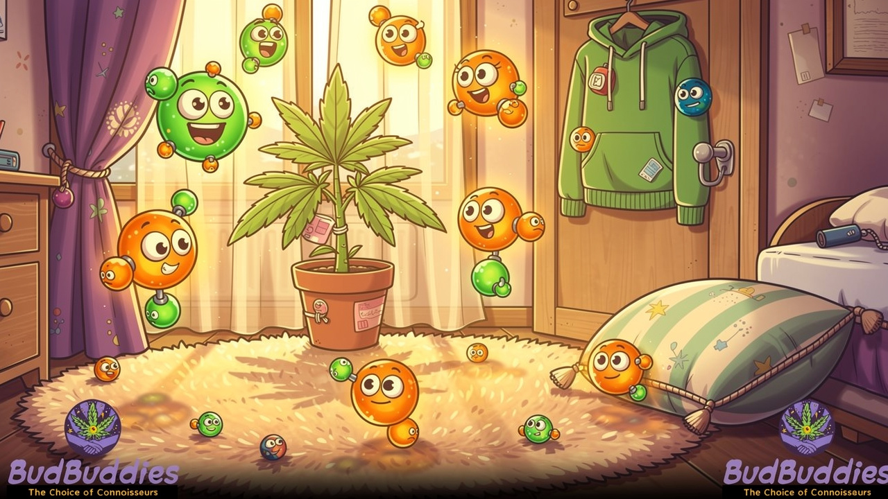 Cartoon terpene molecules clinging to fabrics in a student bedroom