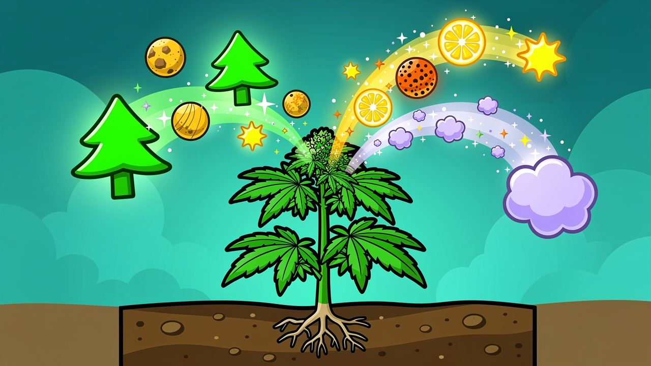 Cartoon cannabis plant releasing colourful terpene molecules
