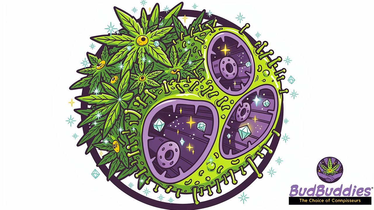Close-up cartoon view of cannabis trichomes and bud density