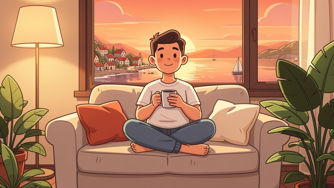Relaxed cartoon person using a vape by a seaside window