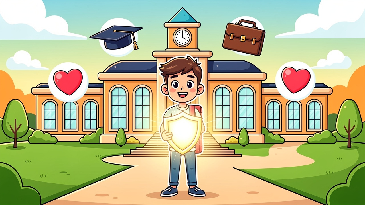 Cartoon student protecting their university place and future career