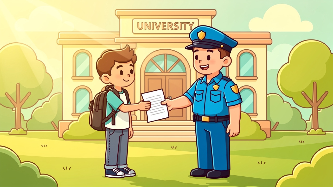 Cartoon police officer issuing a formal cannabis warning to student