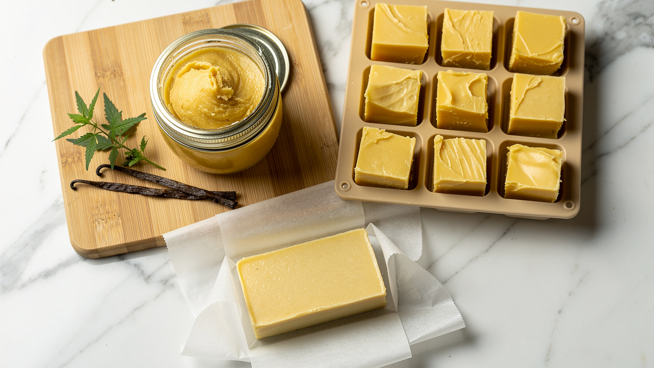 Cannabutter stored in glass jar and ice cube tray portions