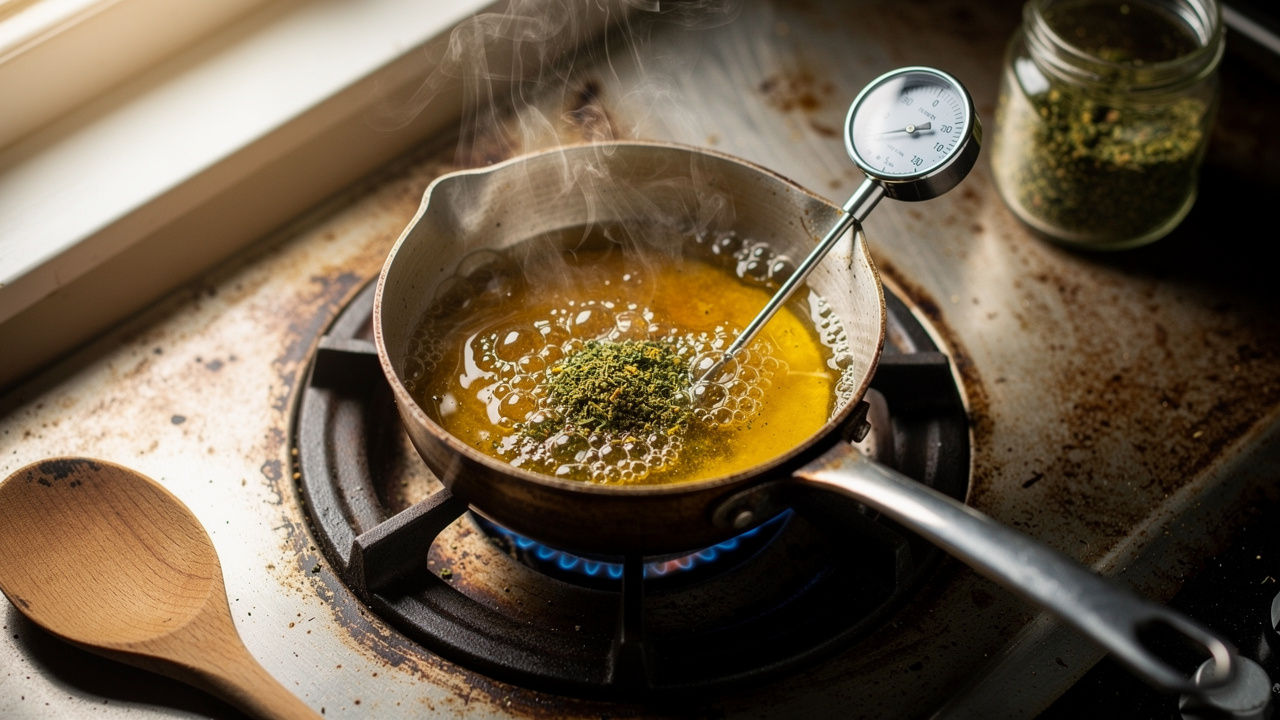 Cannabis butter slowly infusing in a saucepan on low heat