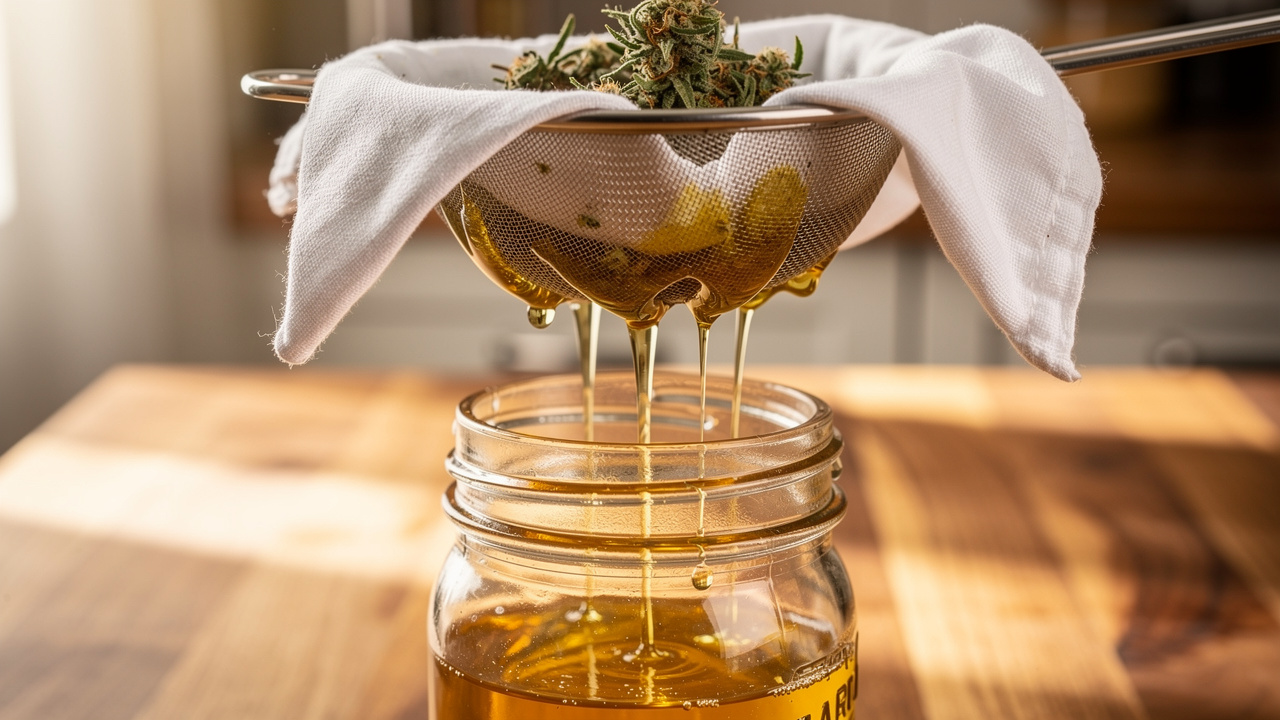 Straining finished cannabutter through cheesecloth into a glass jar