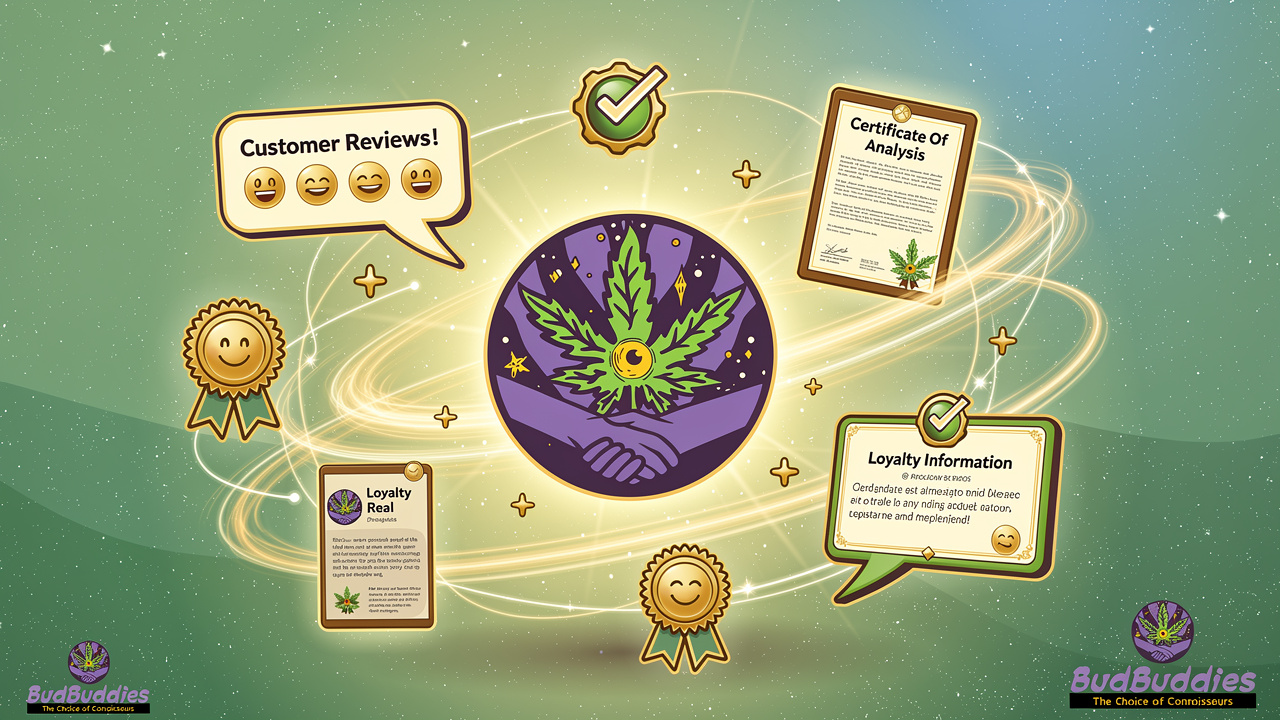 Cartoon ecosystem showing reviews, lab tests, and loyalty rewards combined