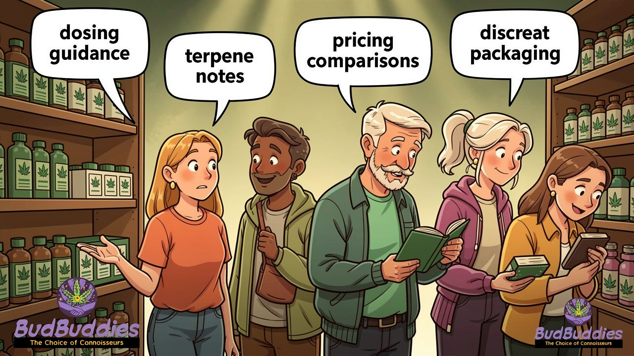 Diverse cartoon characters shopping for cannabis products with different priorities