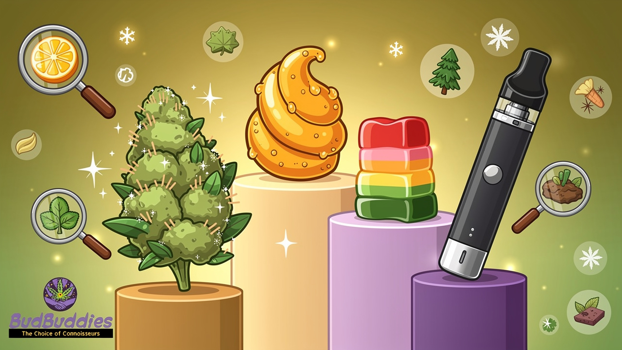 Cartoon illustration of various cannabis products with detail symbols