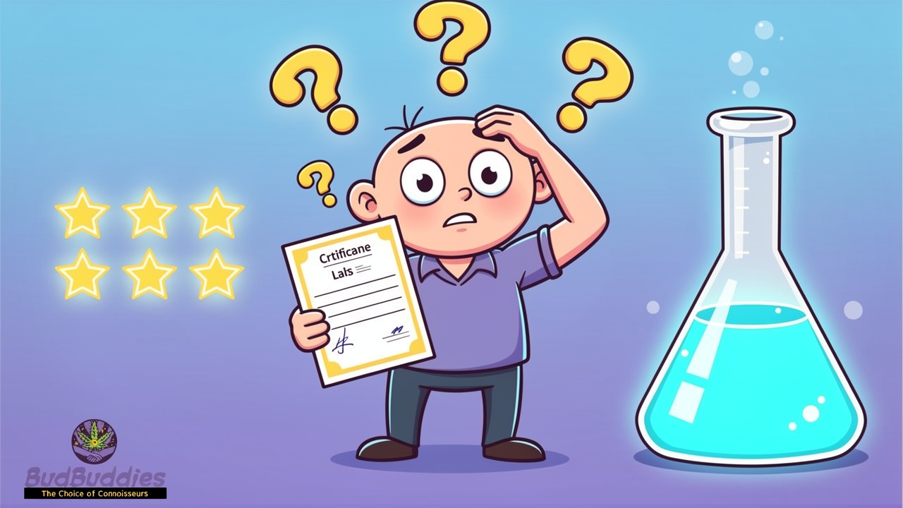 Character comparing star ratings with lab testing certificates