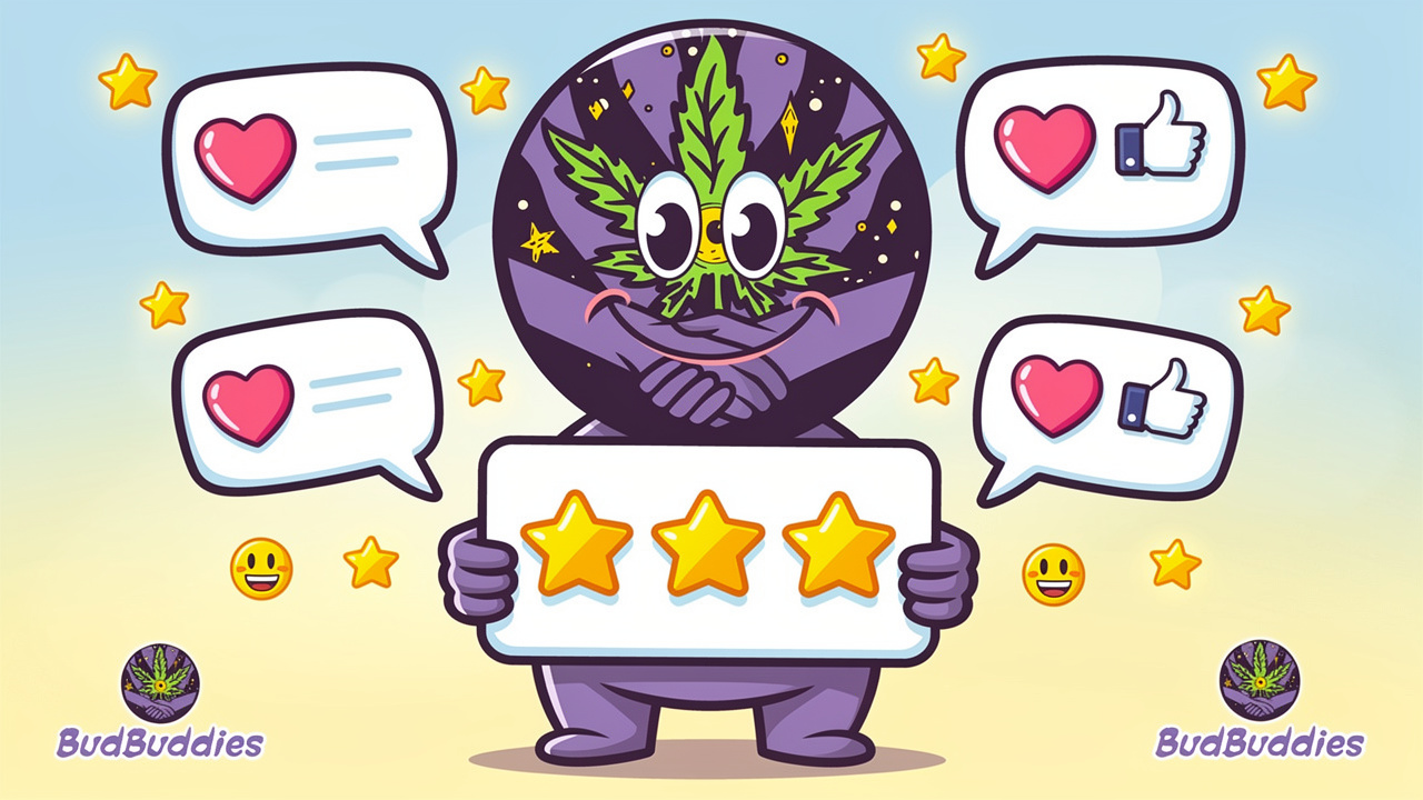 Animated character holding star ratings with positive review bubbles
