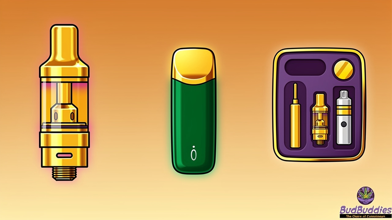 Cartoon illustration comparing three THC vape product formats and types