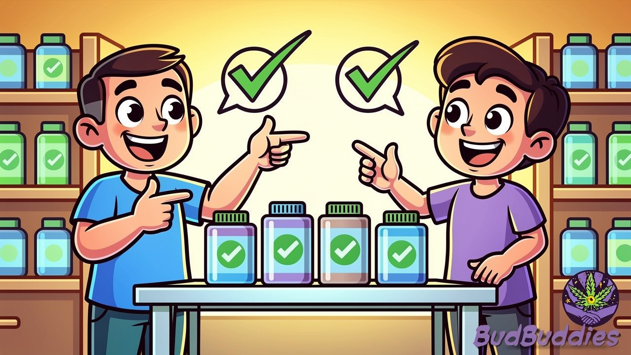 Animated characters comparing two different CBD brand options