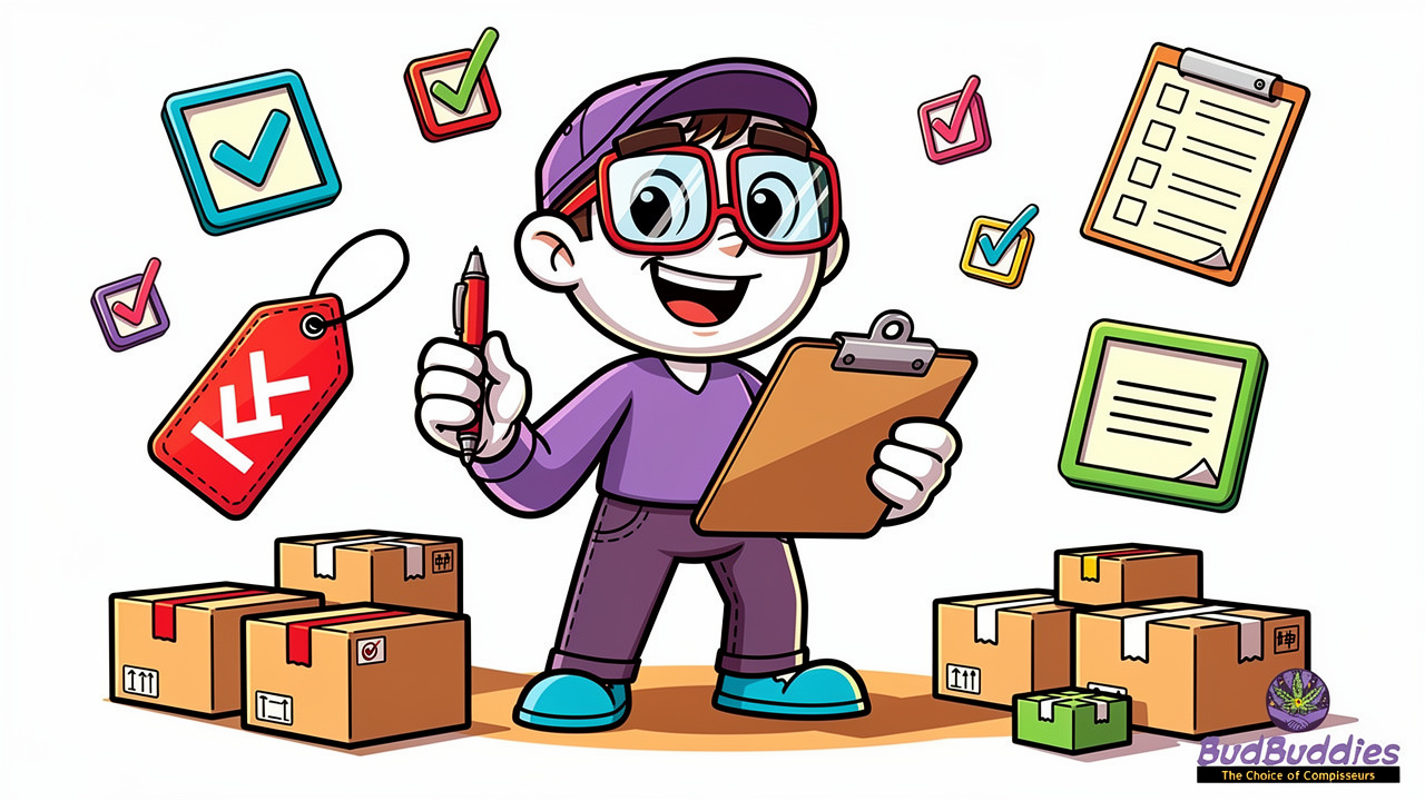 Cartoon character with checklist and buying guidance icons