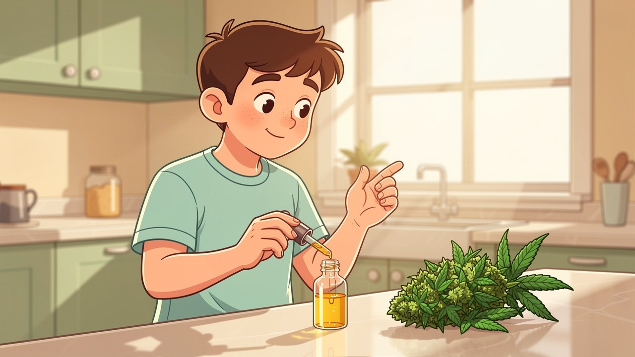 Cartoon character examining CBD oil and hemp flower