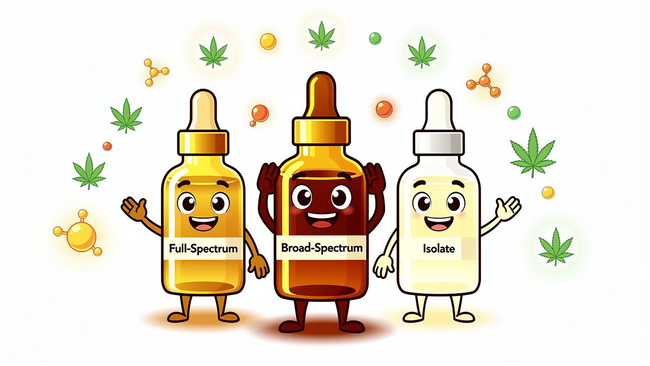 Cartoon of different CBD oil types for IBS management