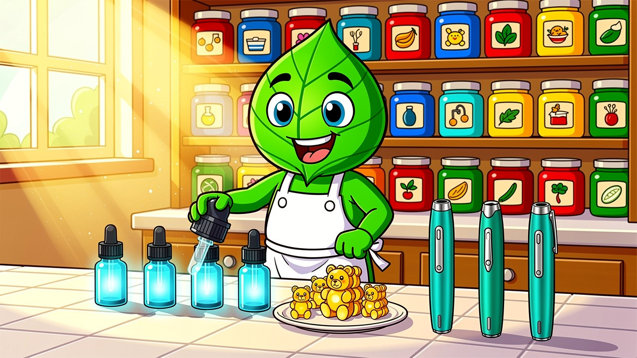 Cartoon display of CBD oil, THC gummies, and vape cartridges