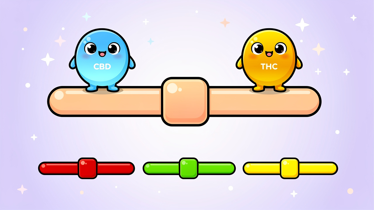 Cartoon scale balancing different CBD to THC ratios