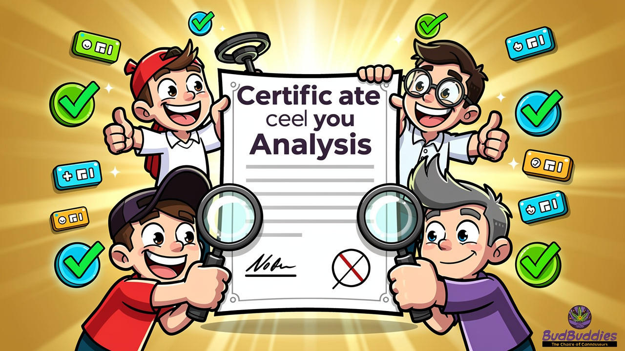 Cartoon characters verifying lab testing certificate authenticity