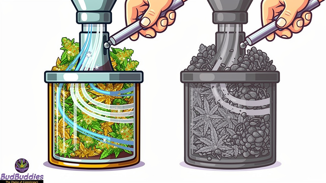Cartoon guide showing correct loose packing versus overpacking a vaporiser chamber