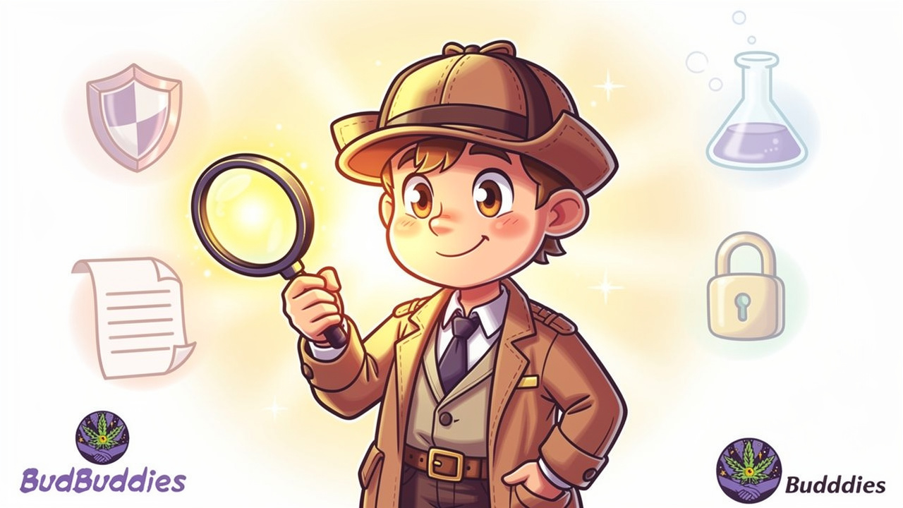 Animated character with magnifying glass checking product quality indicators