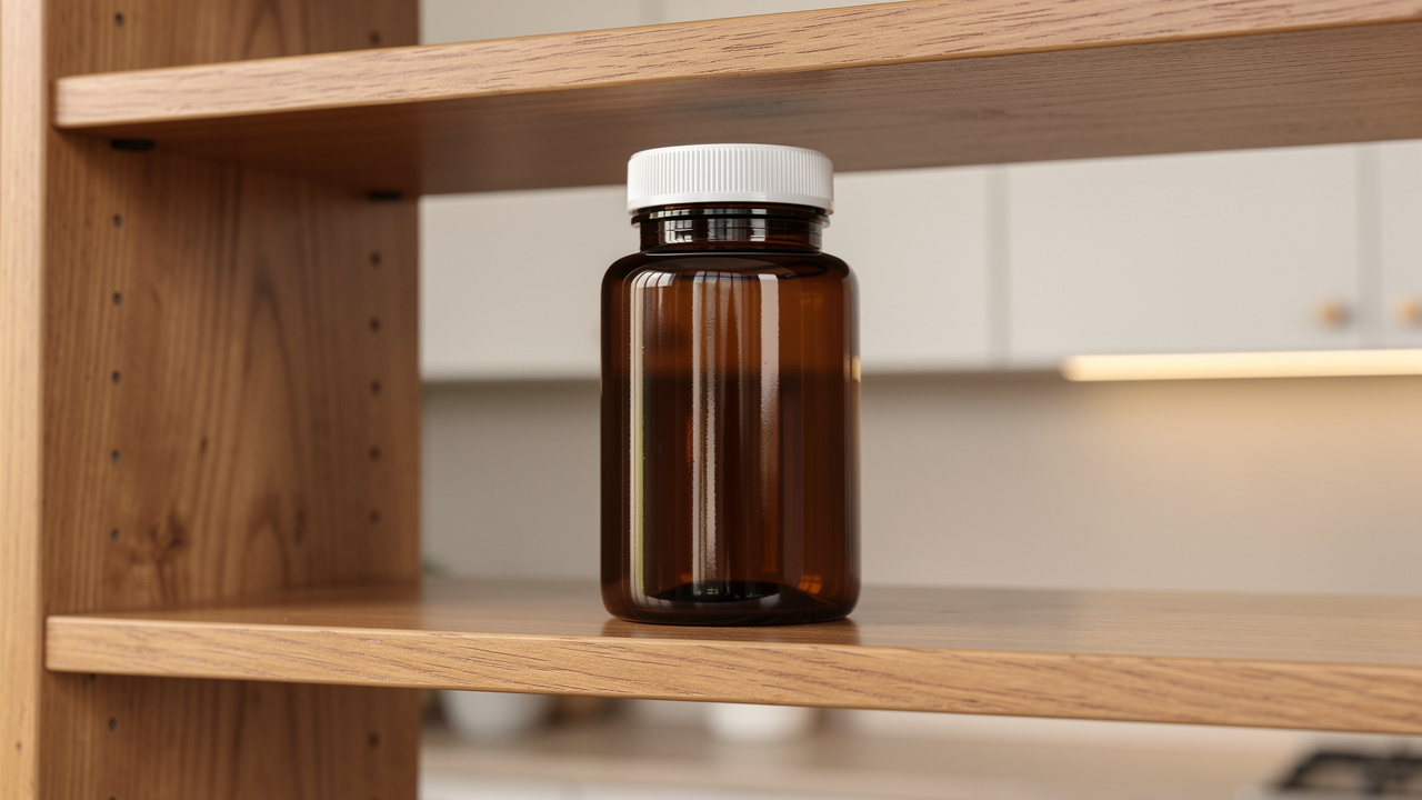 Child-resistant cannabis storage container on high secure shelf