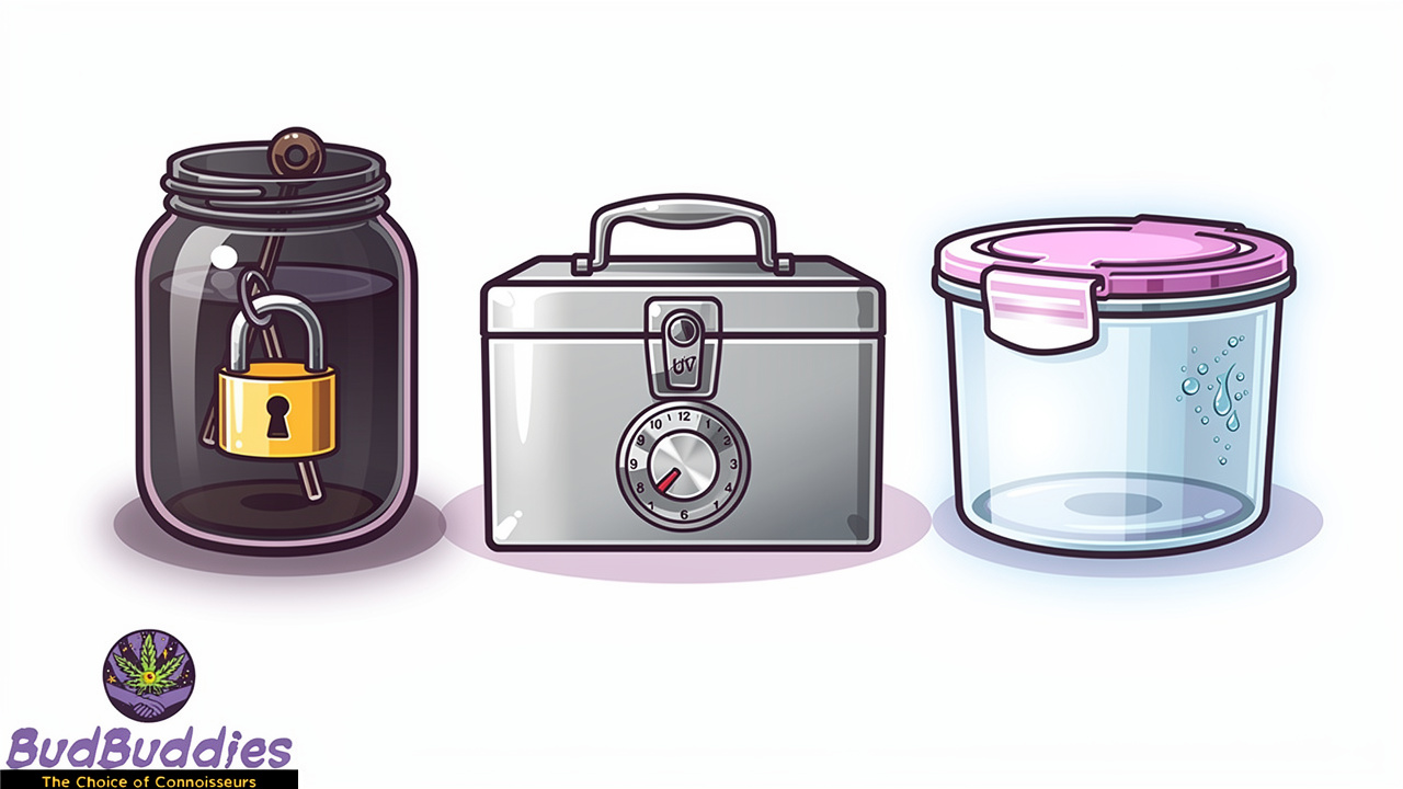Three types of childproof cannabis storage containers illustrated