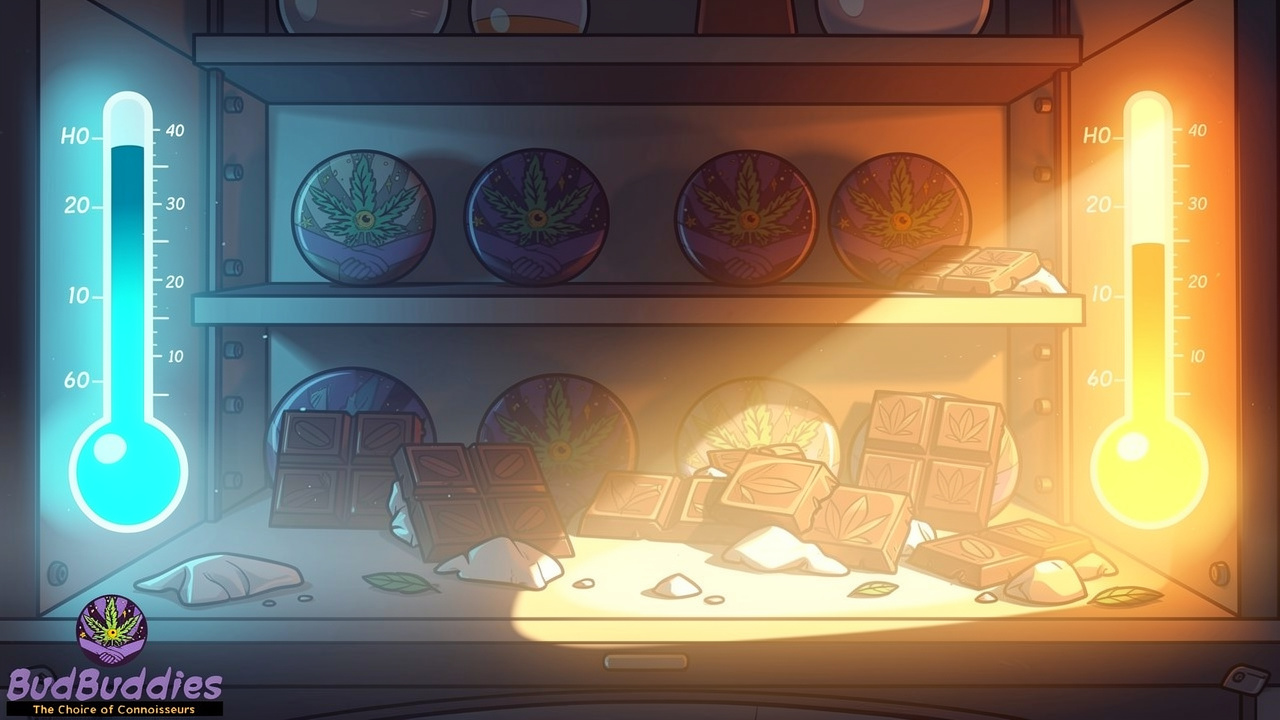 Cartoon illustration of proper cool, dark storage conditions for cannabis chocolate
