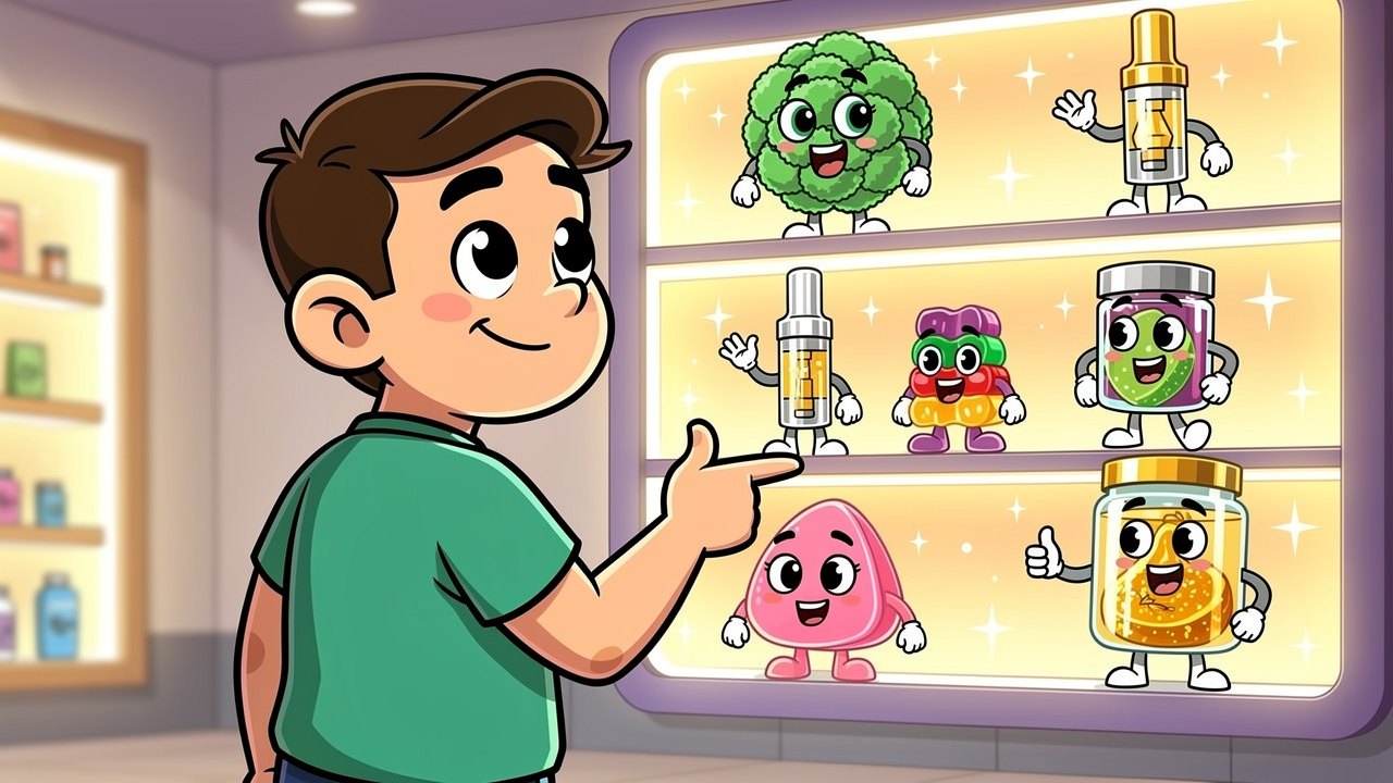 Cartoon character choosing between different cannabis product formats