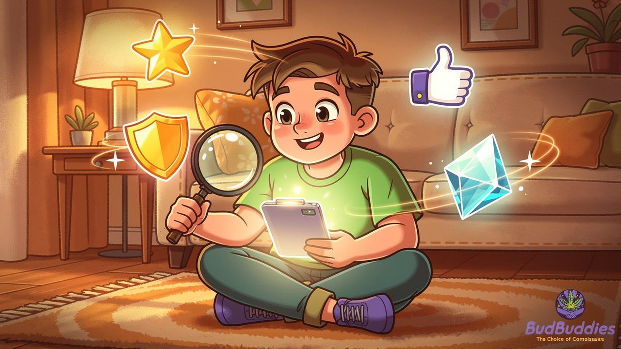 Cartoon character examining cannabis quality with magnifying glass