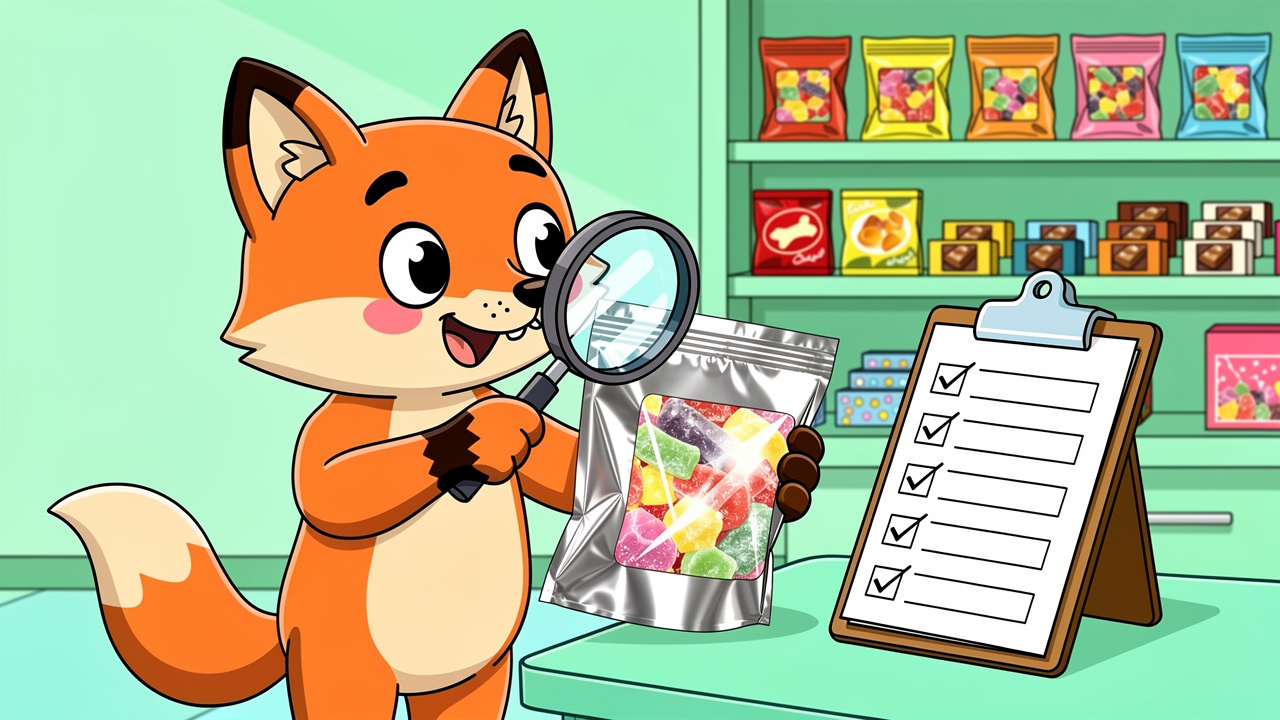 Cartoon fox inspecting quality low dose edible packaging