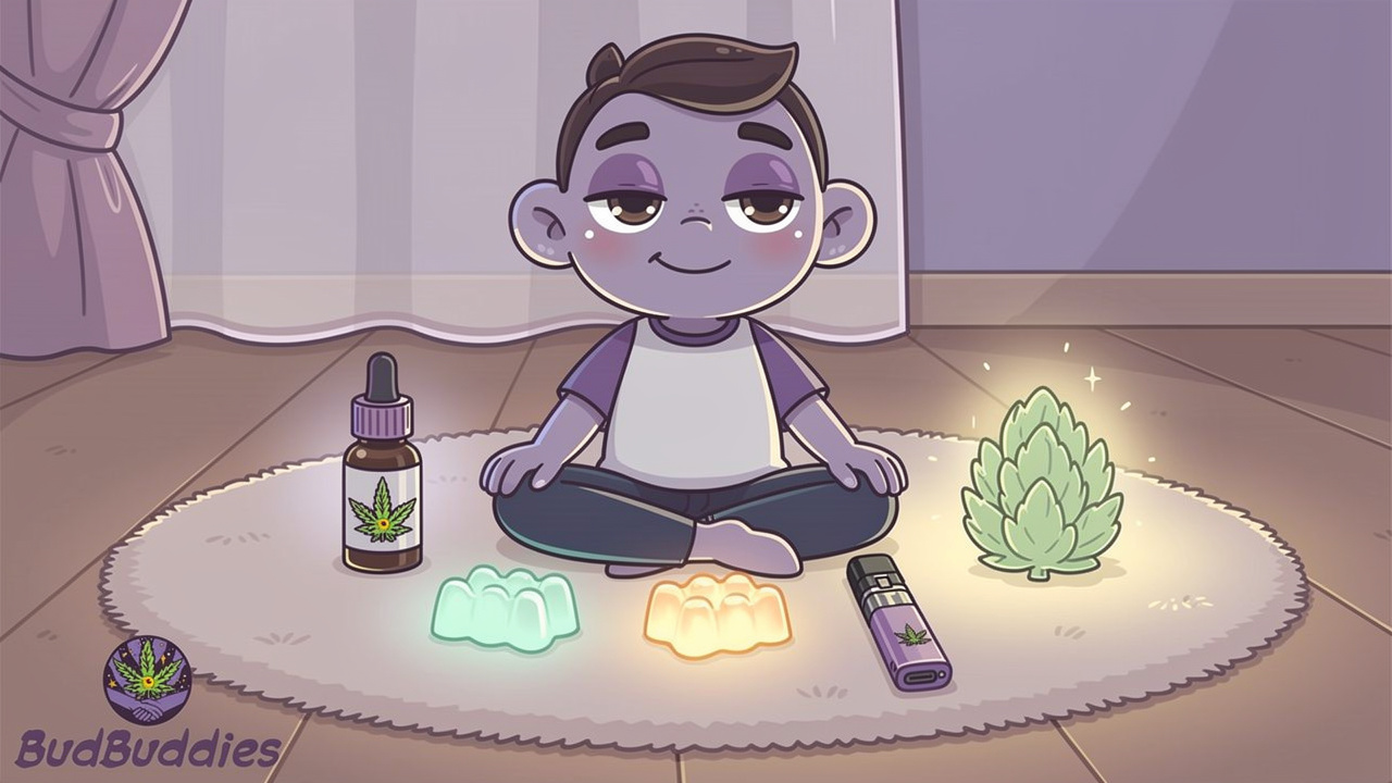 Cartoon character choosing the right cannabis product for sleep