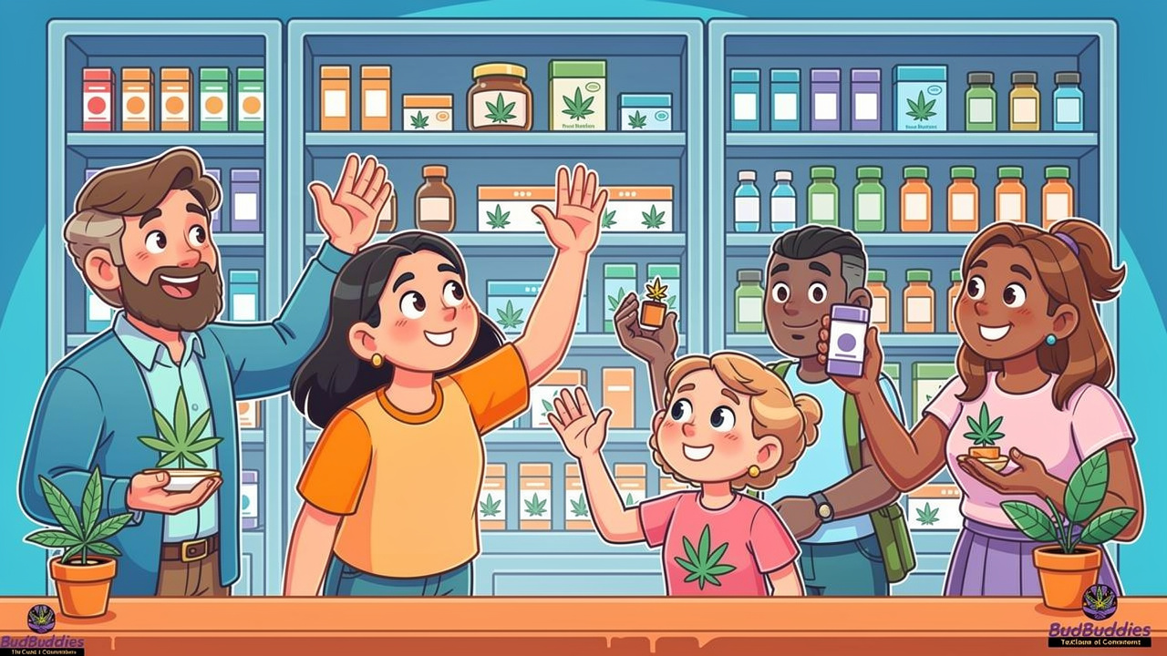 Cartoon characters selecting appropriate cannabis products for their needs