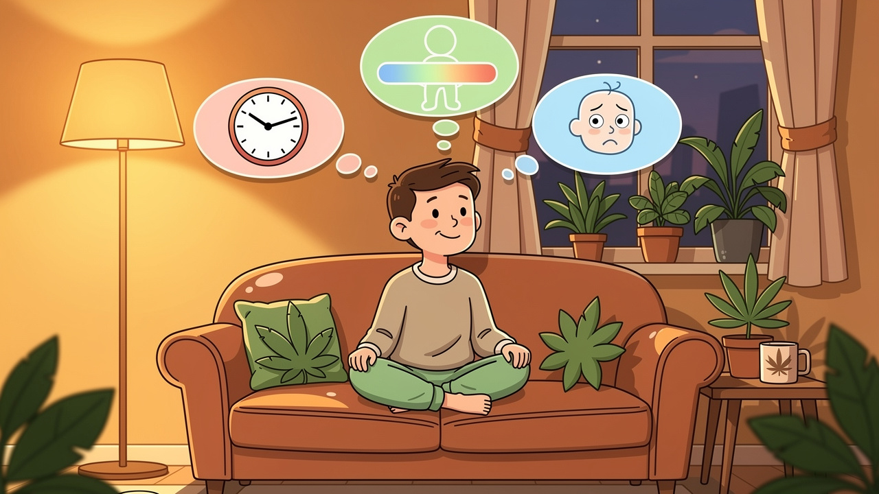 Cartoon person thoughtfully choosing the right cannabis strain