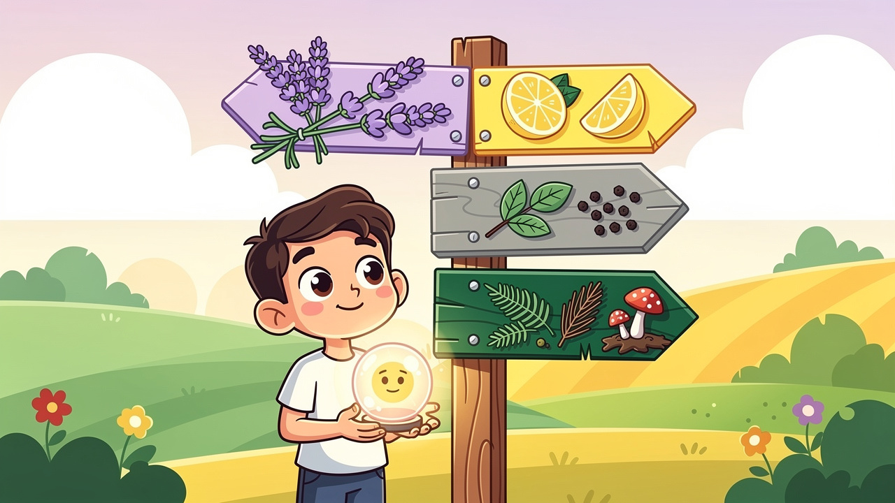 Cartoon character choosing between different calming terpene options at signpost