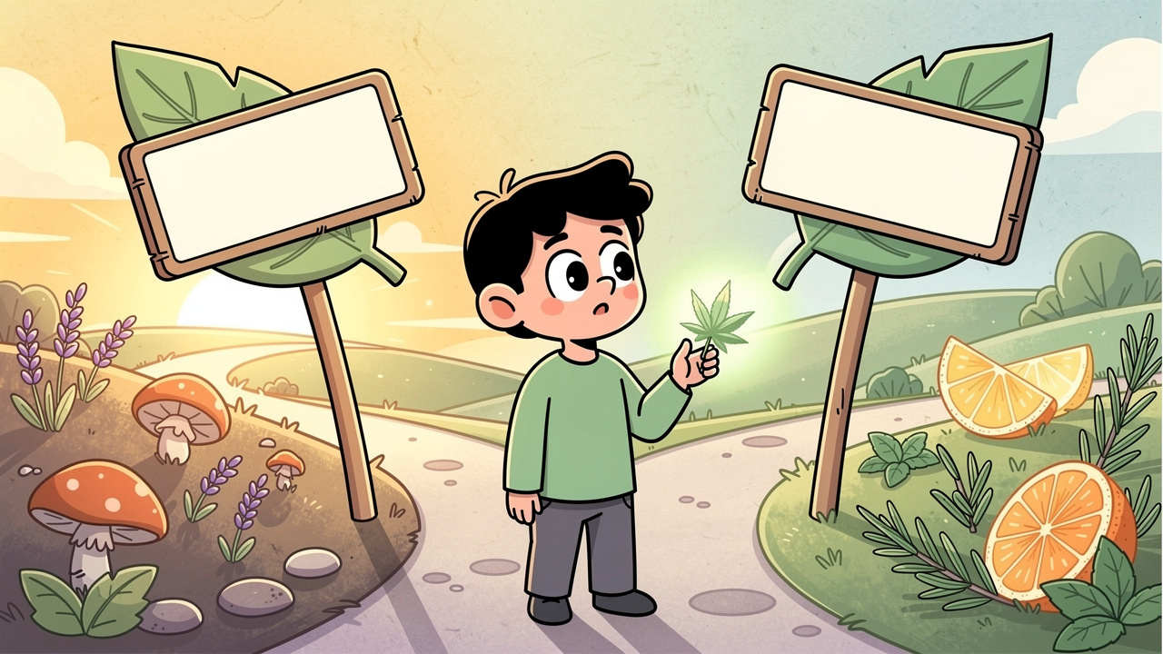 Cartoon character choosing the right terpene profile for stress relief