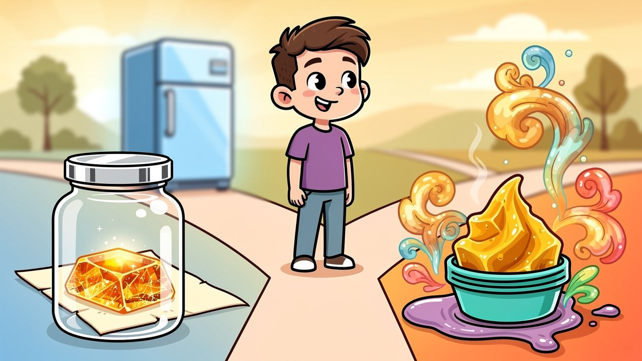 Cartoon character deciding between shatter and wax cannabis concentrates