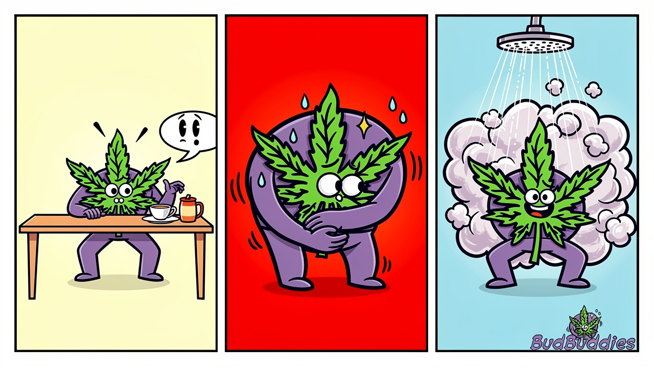 Cartoon showing three phases of cannabinoid hyperemesis syndrome