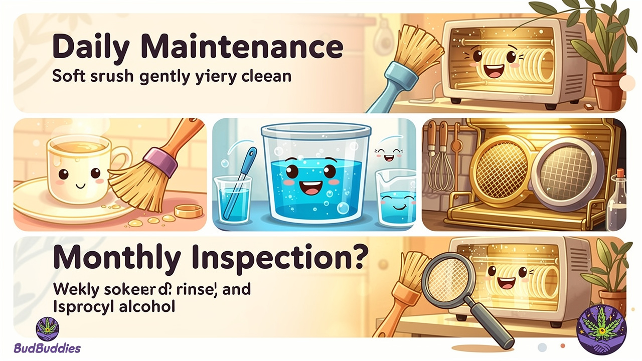 Illustrated cleaning schedule showing daily, weekly, and monthly vaporiser maintenance