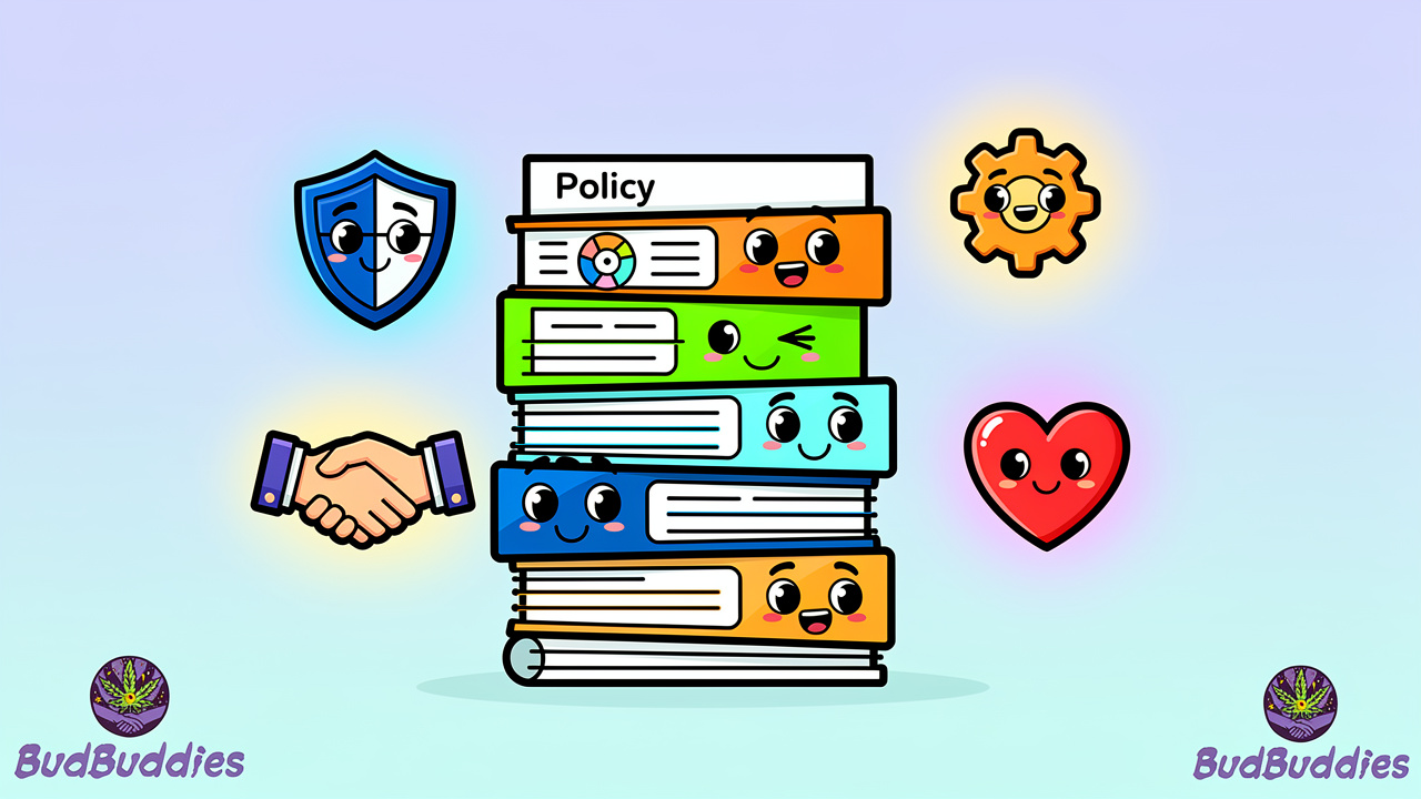 Cartoon document stack symbolising transparent business policies