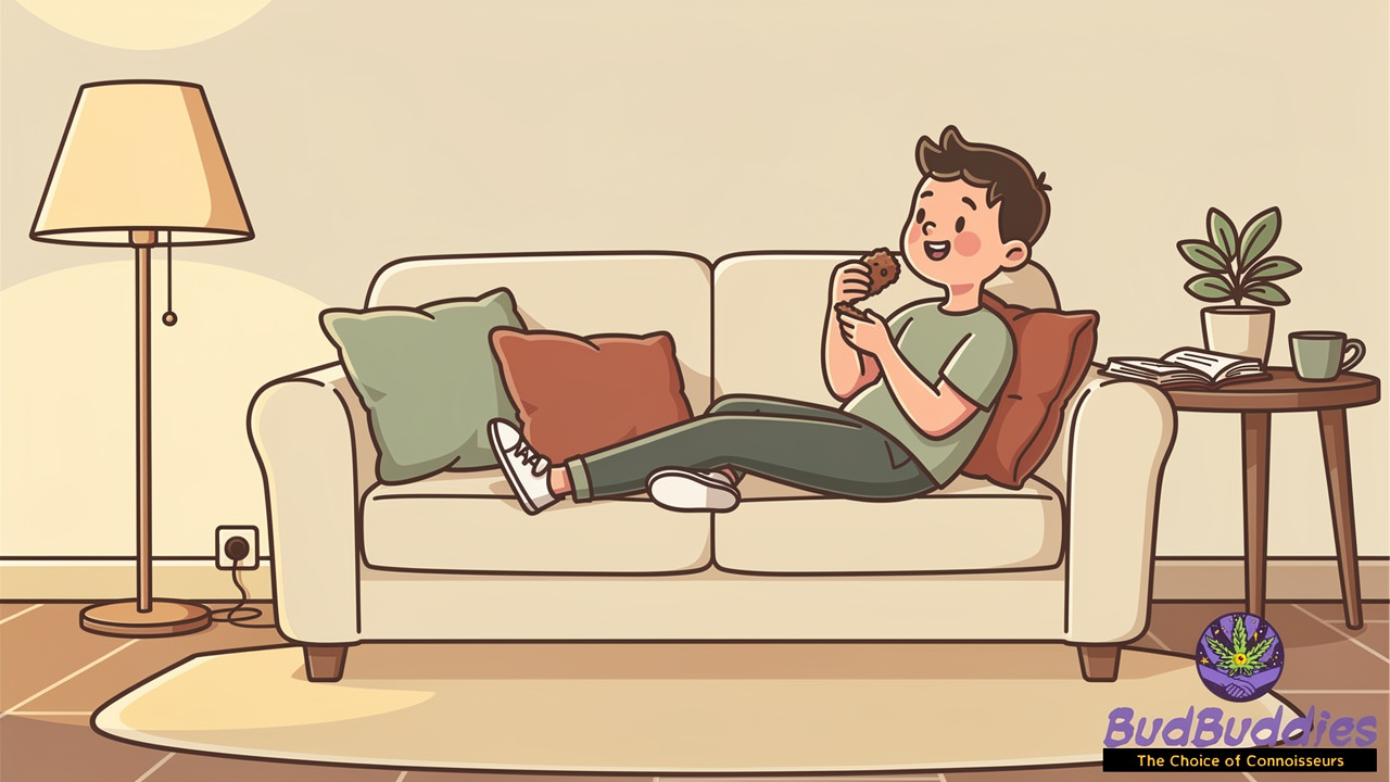 Cartoon illustration of person enjoying edible in comfortable setting