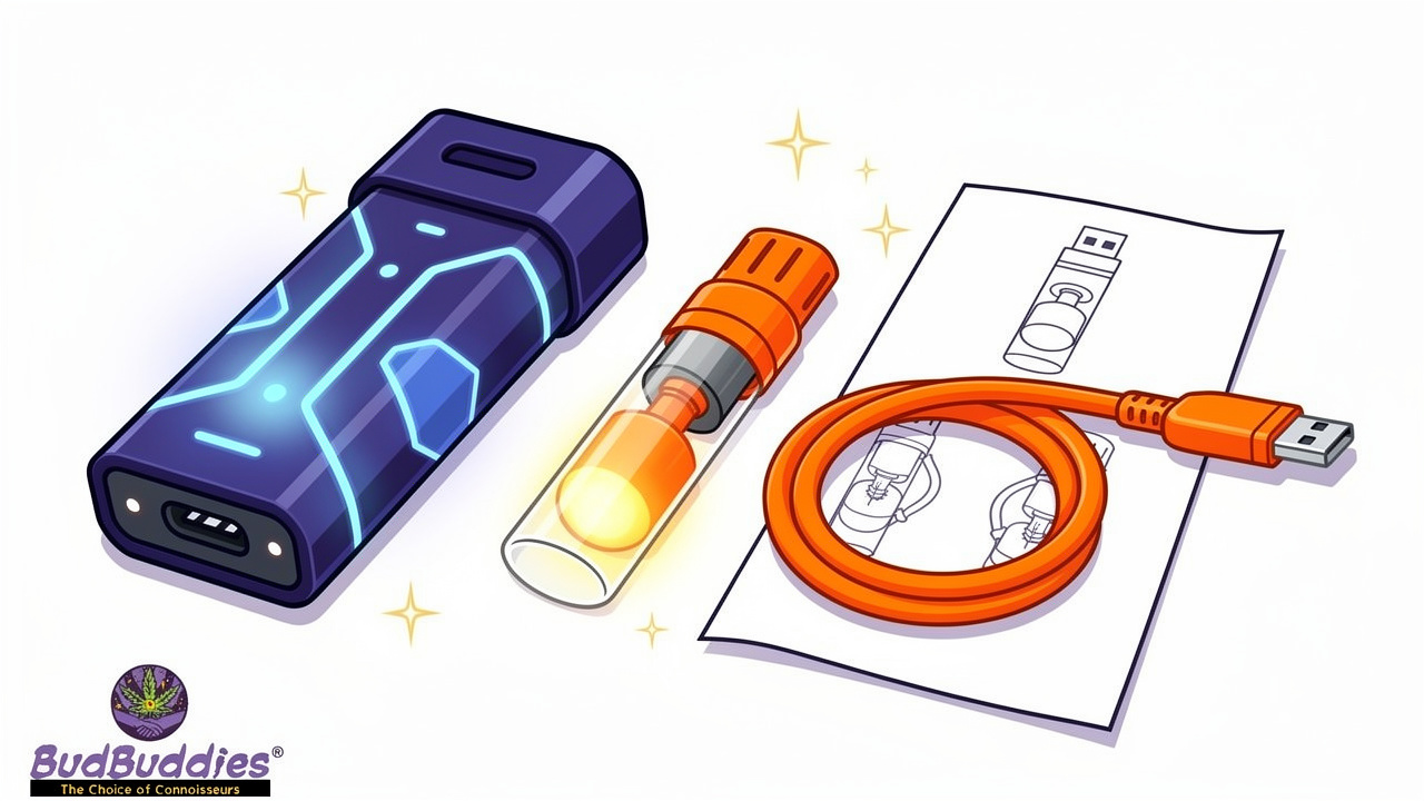 Illustrated vape kit contents laid out clearly and neatly
