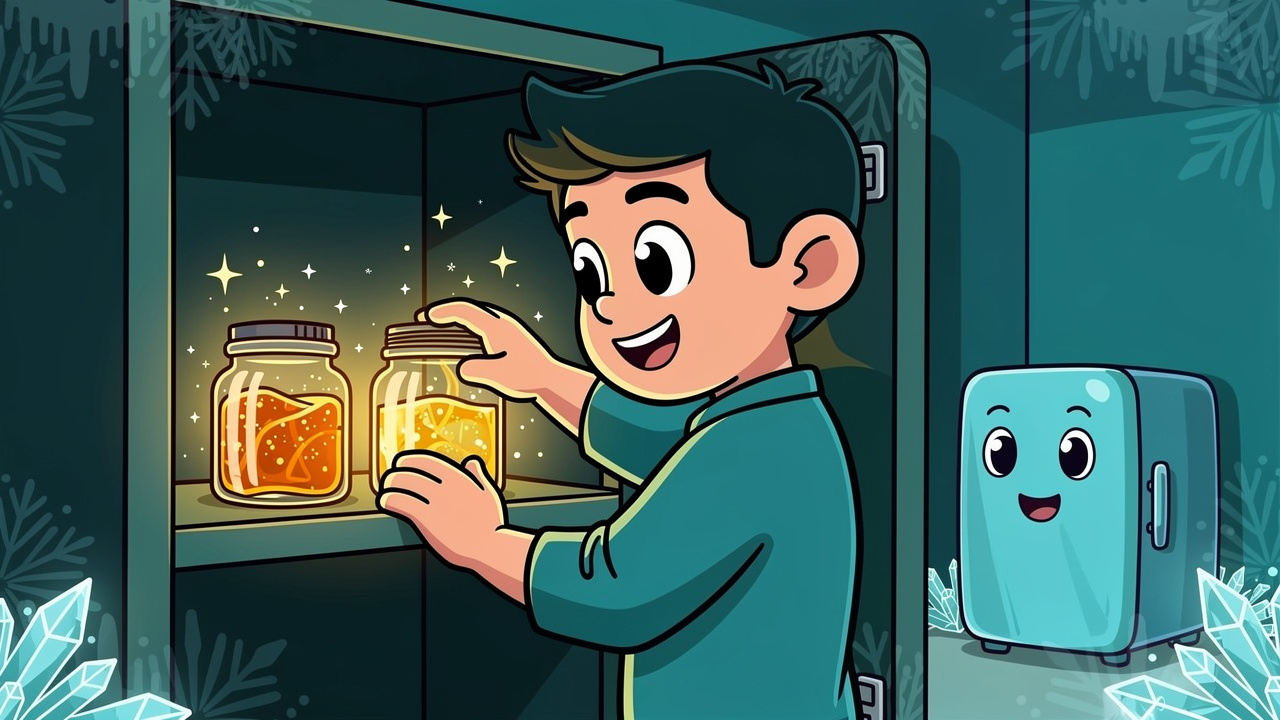 Cartoon character storing cannabis concentrates correctly in cool dark conditions