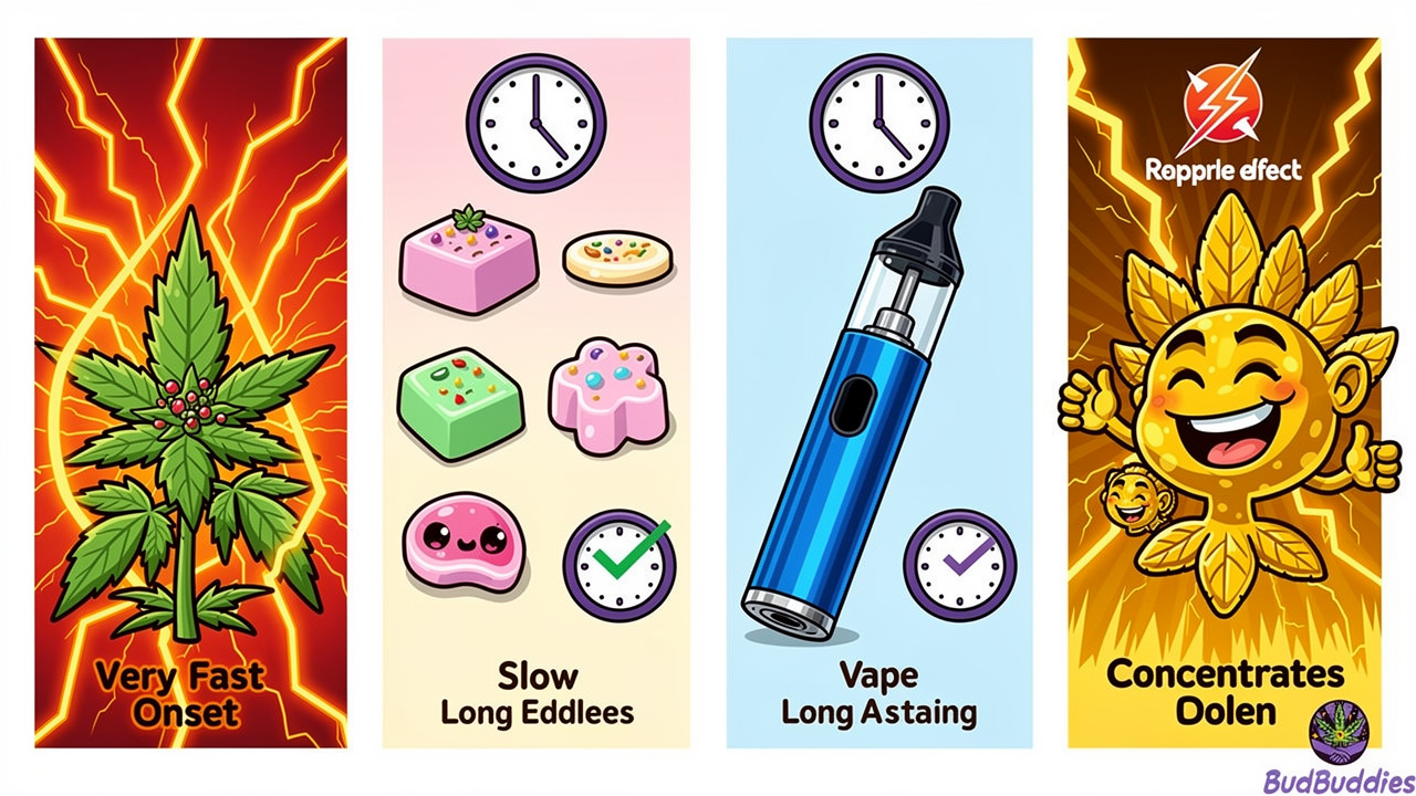 Cartoon showing different cannabis consumption method timelines