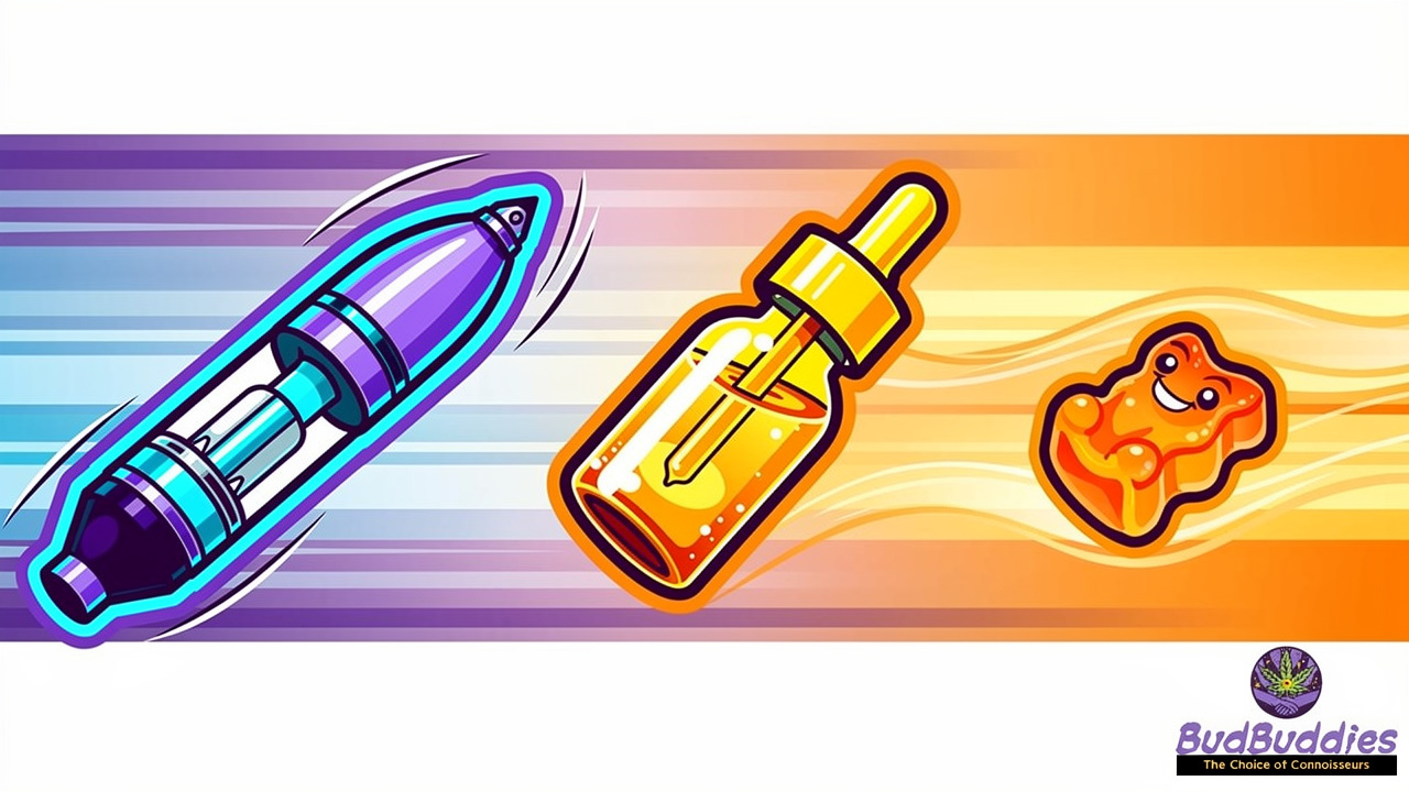 Cartoon characters showing different onset speeds for cannabis consumption methods