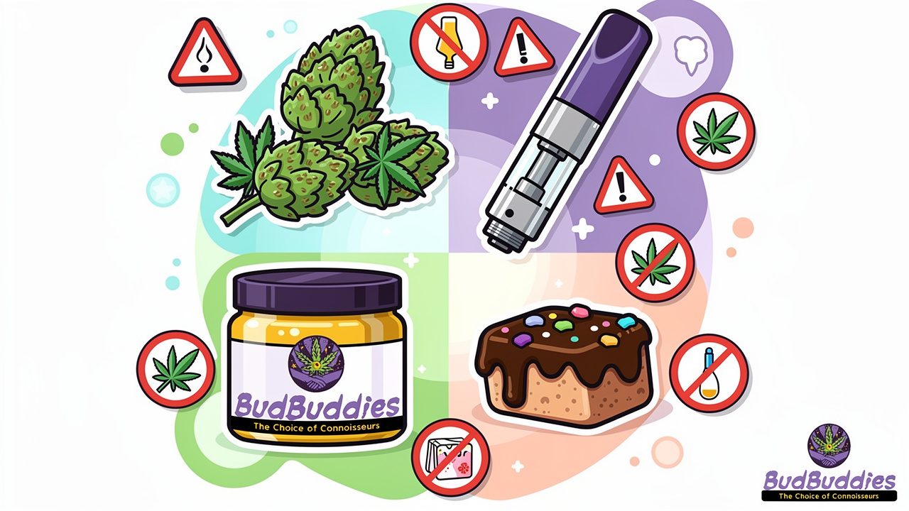 Cartoon illustration showing contamination risks across cannabis product types